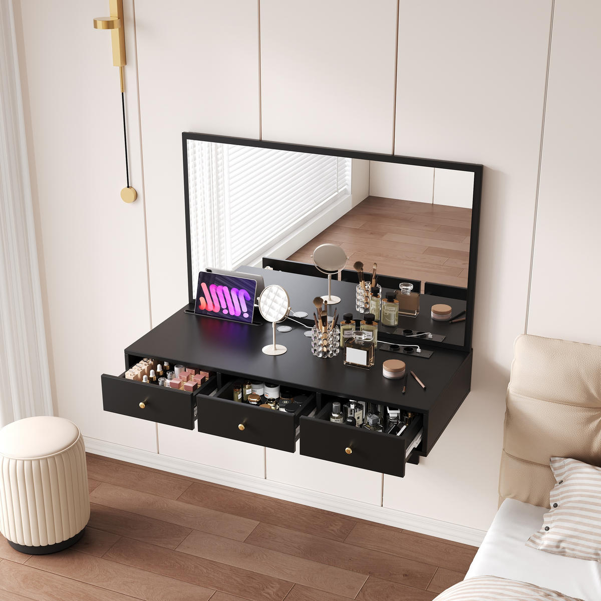 SCHMINKTISCH in Schwarz Frisiertisch mit Spiegel, Steckdosen, 3 Schubladen, Tablet-Halter, B100/T45/H105cm - Schwarz, Holzwerkstoff/Metall (100/105/45cm) - STILVORA