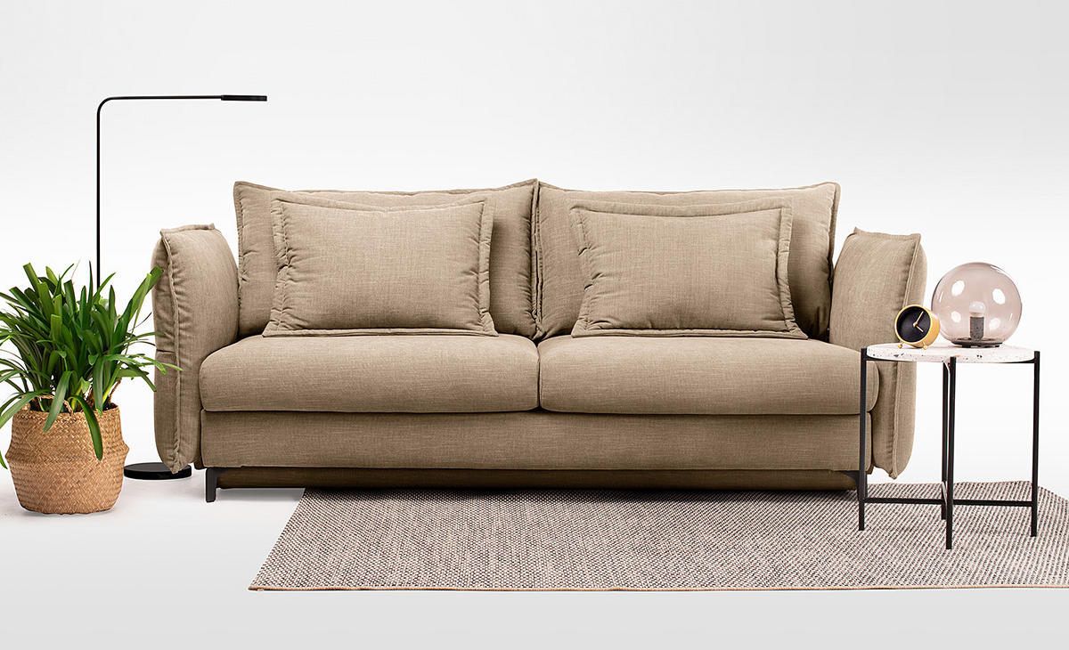 SCHLAFSOFA - Webstoff - Hellbraun/Schwarz, Textil/Metall (256/101/115cm) - home24