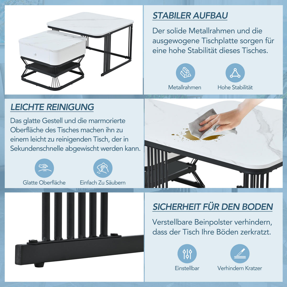 COUCHTISCH-SET Weiß/Schwarz 2er-Set 70/70/45 cm + 50/50/40 cm - Weiß, Glas (70/70/45cm) - PANGIVO