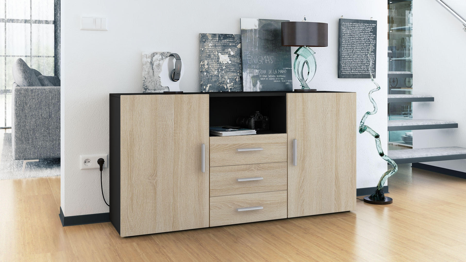 SIDEBOARD Skadu Front in Eiche Sägerau - Eiche San Remo, Holzwerkstoff (138.5/71.5/35cm) - Vladon