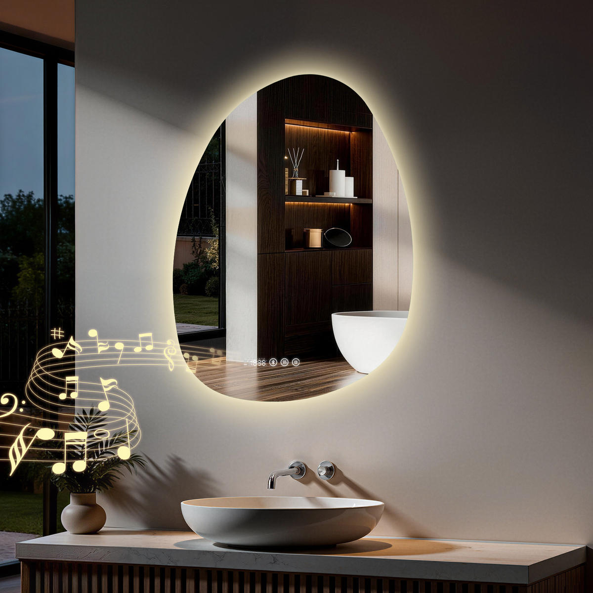 BADSPIEGEL MIT BELEUCHTUNG 75/55 cm asymmetrisch Bluetooth LED mit Antibeschlag - Transparent, Glas (55/75/3cm) - S'AFIELINA