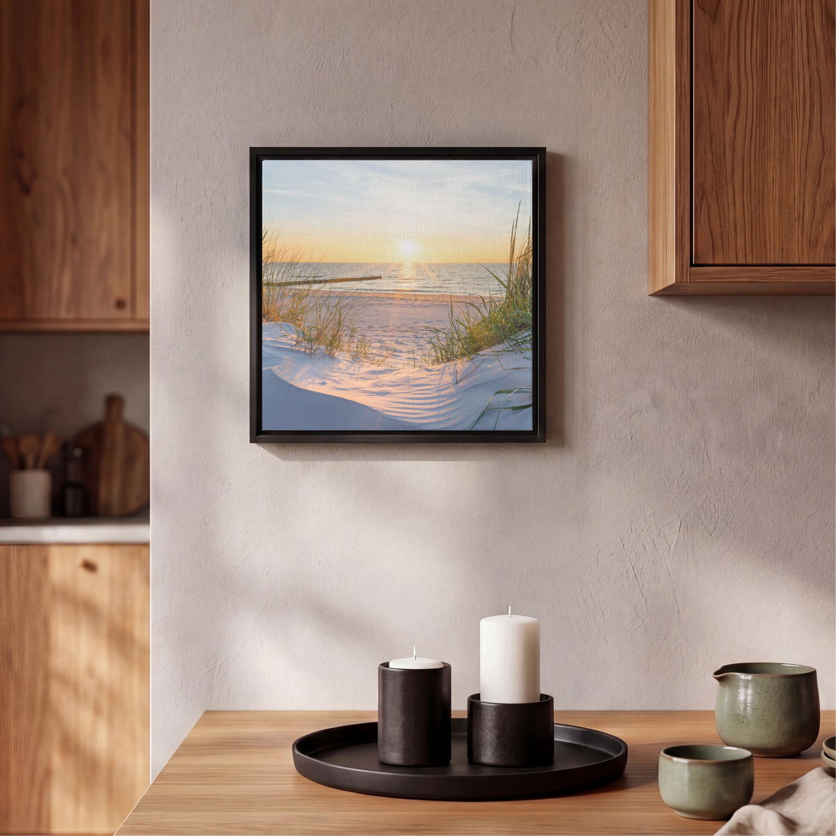 LEINWAND Bilder mit Rahmen - Strand - Sonne - Düne - Gras - Sand - Horizont - 20x20 - Hellblau, Textil (20/20cm) - MuchoWow
