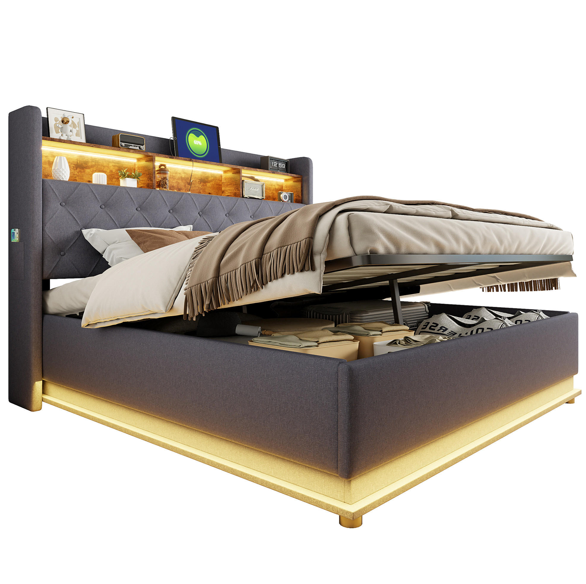 Redom ČALOUNĚNÁ postel 180/200 cm s LED osvětlením, USB portem a hydraulickým úložným prostorem, Šedá
