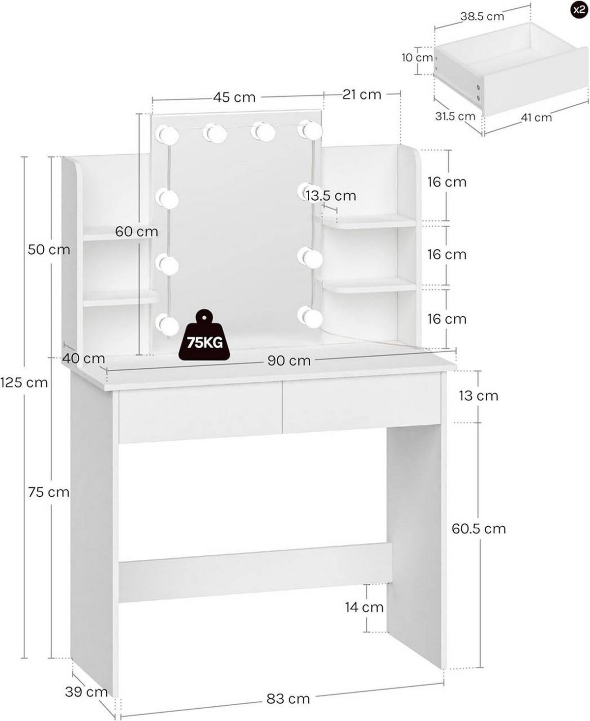 SCHMINKTISCH mit LED-Beleuchtung 90 cm Weiß - Weiß, Glas/Holzwerkstoff (90/40/135cm) - Woltu