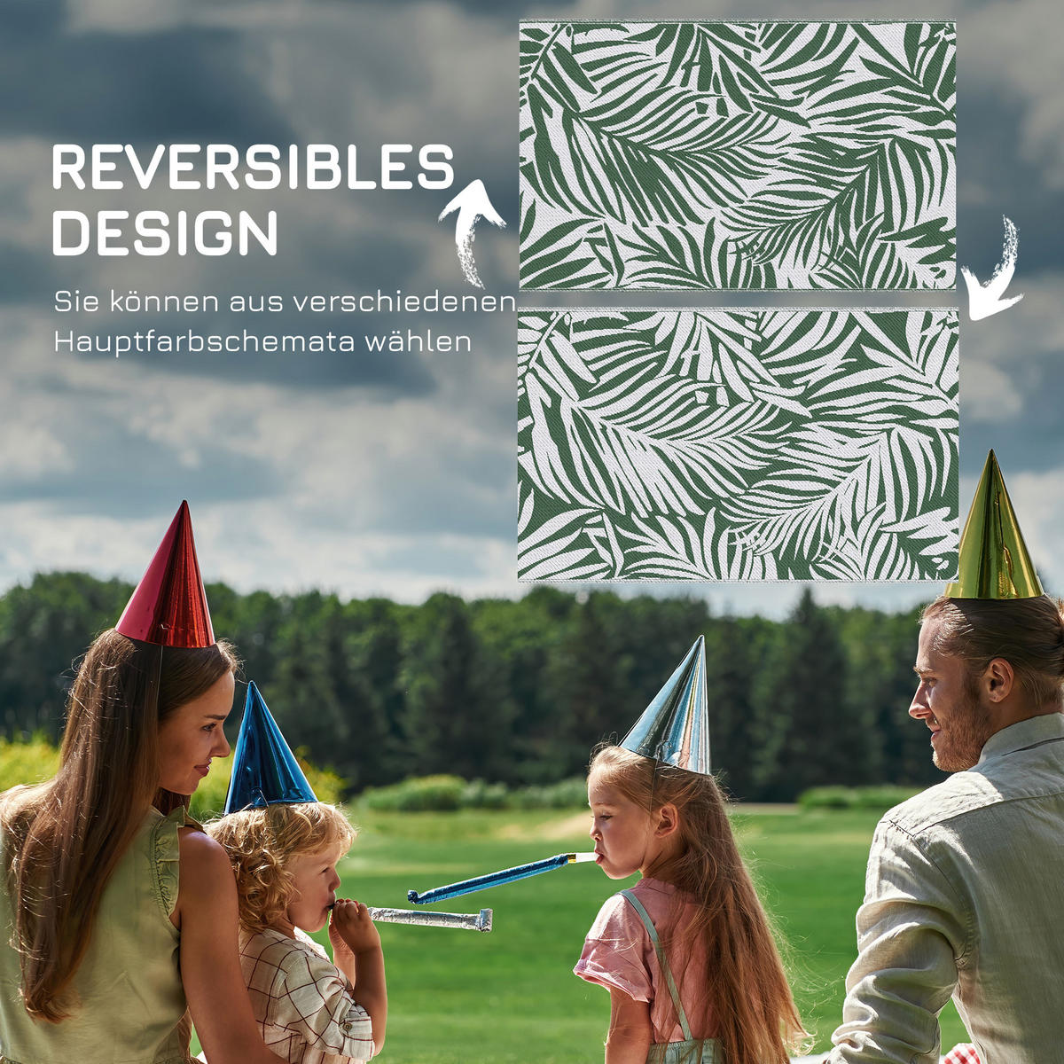 OUTDOOR Teppich Wendbares Wetterfest Outdoorteppich Carpet mit Blätter-Muster - Dunkelgrün, Kunststoff (243/152cm) - Outsunny