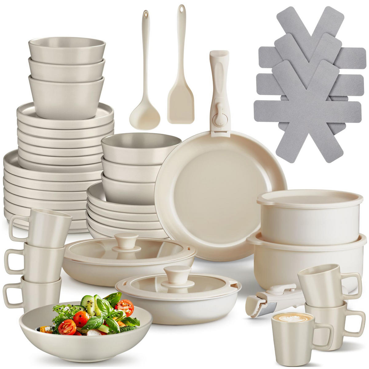 KÜCHENSTARTERSET 46er Set Una/Genua, inklusive Küchenwerkzeugen, Topfschonern und anklemmbaren Griffen, taupe/weiß - Taupe, Keramik (27.5/13/44cm) - tectake