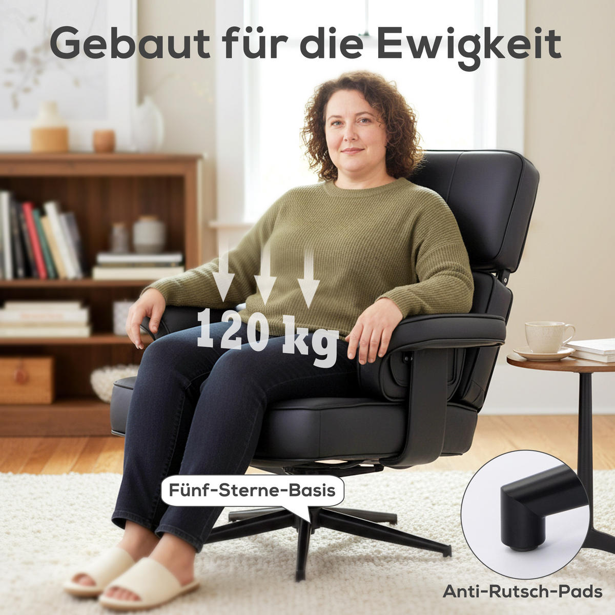 RELAXSESSEL mit Hocker Verstellbare Kopfstütze Liegefunktion Kunstleder Schwarz - Schwarz, Textil/Metall (79/89/91cm) - HOMCOM