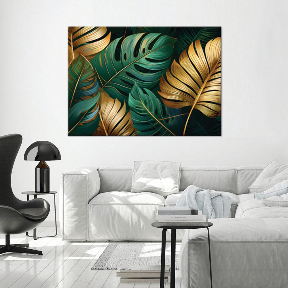 WANDBILD goldene und grüne monstera blätter - Grün, Textil (60/40cm) - Feeby