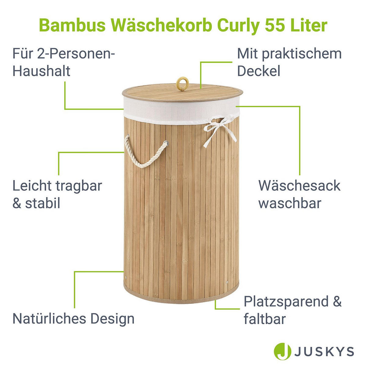 WÄSCHEKORB Curly-Round 55 L natur - Naturfarben, Holz (35/60/35cm) - Juskys