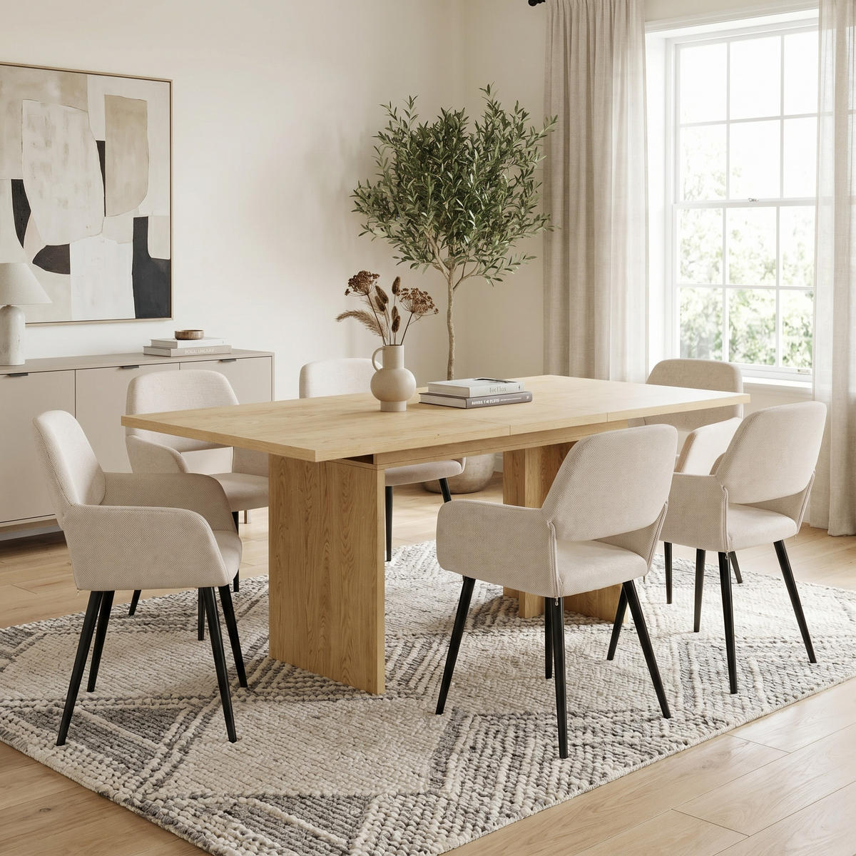 ESSTISCH-SET 1+6, ausziehbarer Tisch mit 6 Esszimmerstühlen - Eichefarben/Schwarz, Holzwerkstoff (180/75/80cm) - Urban Meuble