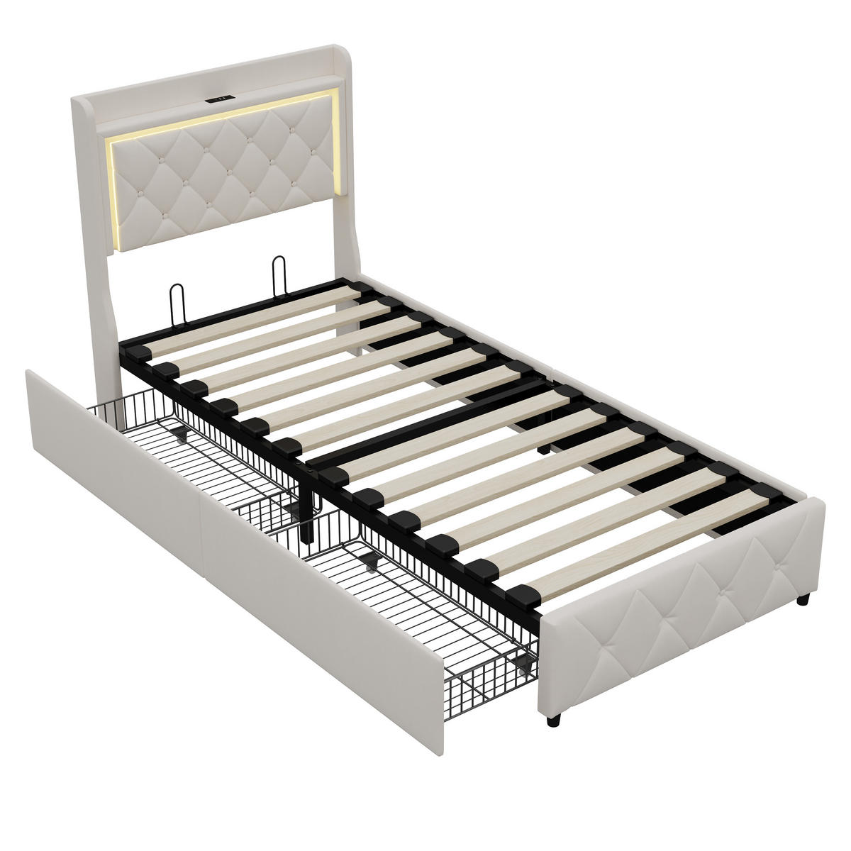 POLSTERBETT 90x200 cm LED USB Stauraum 4 Schubladen Lattenrost beige - Beige, Holz (90/200cm) - LEBENLANG