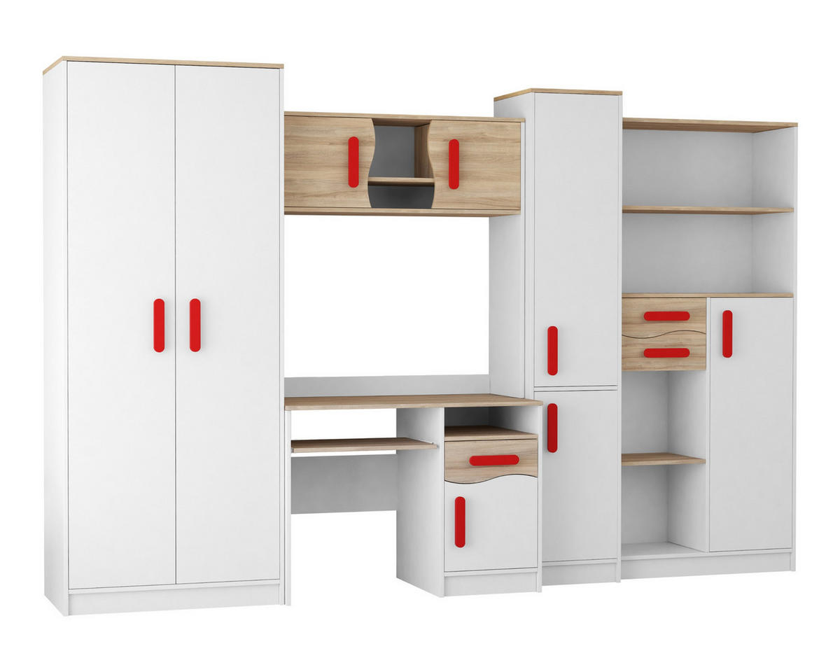 KINDERZIMMER MIKI Korpus Weiß | Griffe Rot - Rot/Weiß, Holz/Holzwerkstoff (300/197/52cm) - Deine Möbel 24