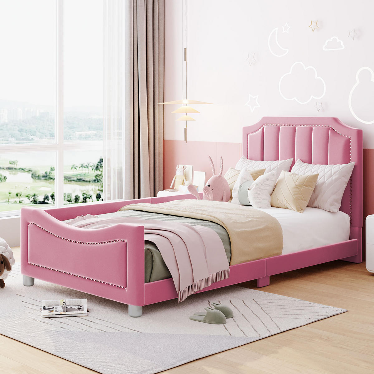KINDEREINZELBETTEN aus Flanell 90 x 200 cm in Rosa mit Schlafsofa-Funktion - Rosa, Holz (90/200cm) - Modfu