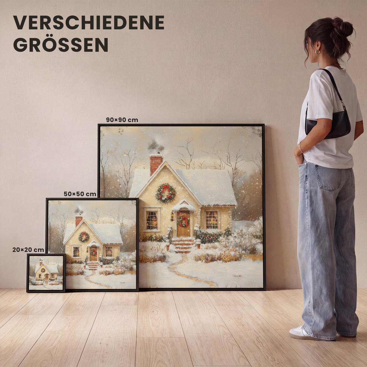 LEINWAND Bilder mit Rahmen - Weihnachten - Zuhause - Winter - Schnee - 50x50 - Creme, Textil (50/50cm) - MuchoWow