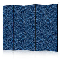PARAVÁN Akustický 5-dielny 225x172 cm Modré Listy - modrá, drevo/textil (225/172/3cm) - Muralo