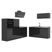 KÜCHENZEILE R-Line, Anthrazit Hochglanz/Anthrazit, 220 cm Arbeitsplatte Marmor - Schwarz Hochglanz/Anthrazit, Holzwerkstoff (220/143/60cm) - Vicco