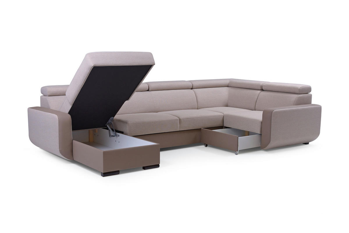 WOHNLANDSCHAFT PALAZZO Beige Geflochtener Stoff mit Schlaffunktion - Beige, Holz (337/97/184cm) - MASSENO