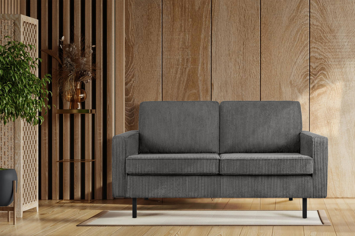 2-SITZER-SOFA INVIA Klassische-Stil mit Armlehnen, Feinkord-Stoff, Grau - Schwarz/Grau, Textil (164/87/98cm) - KONSIMO®