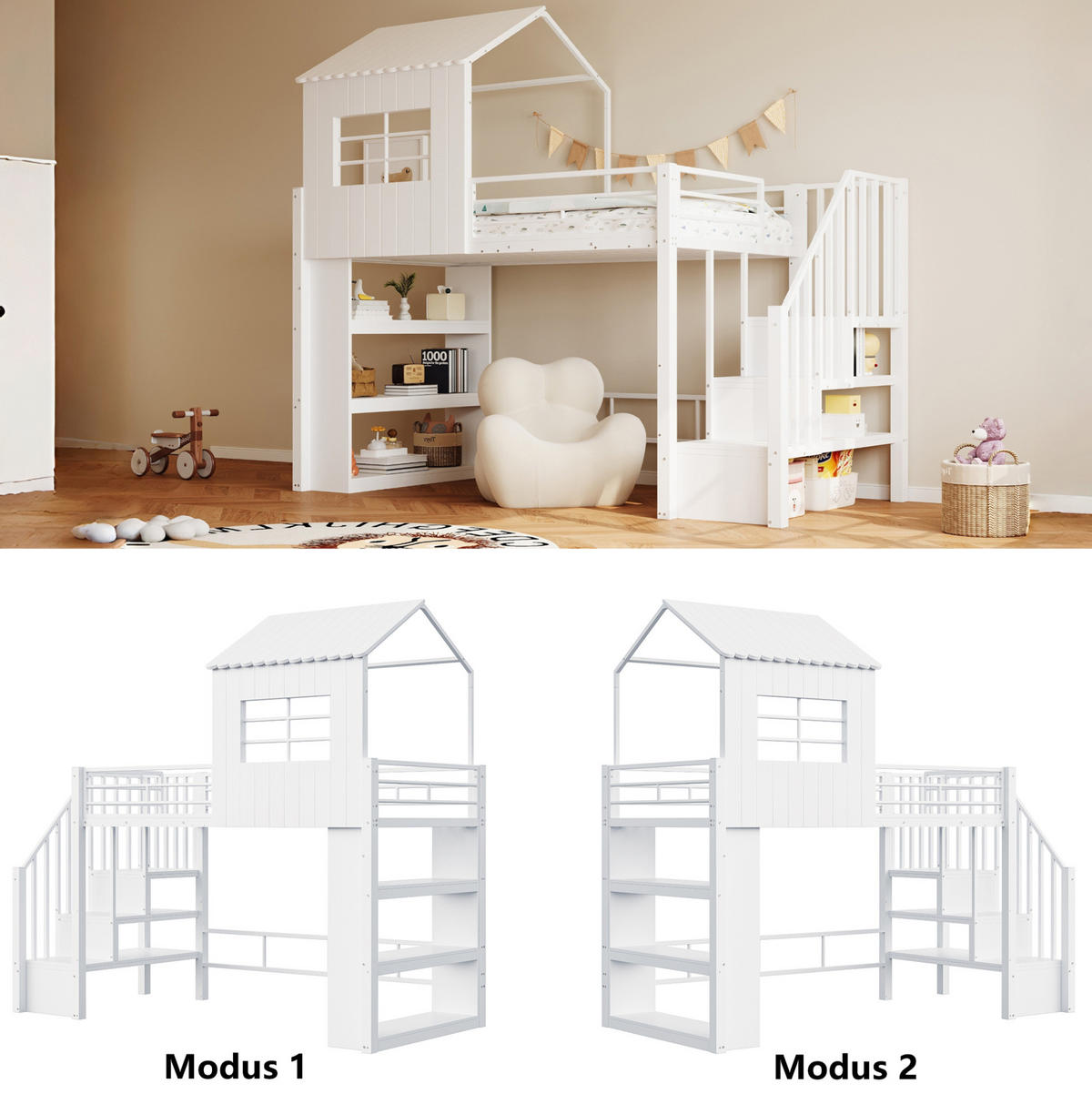 HOCHBETT aus MDF und Metall 90x200 cm Weiß mit Stauraumtreppe, Regal und großem Unterbettbereich - Weiß, Holzwerkstoff (90/200cm) - Modfu