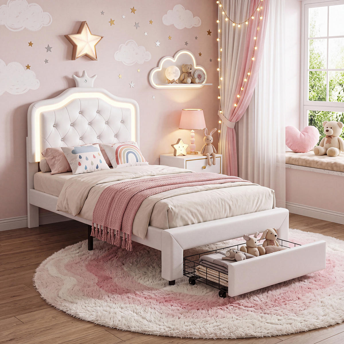 POLSTERBETT Princess Crown 90x200 cm mit höhenverstellbarem Kopfteil, PU, Lattenrost & LED-Beleuchtung, Weiß - Weiß, Leder/Holz (90/200cm) - BursDany