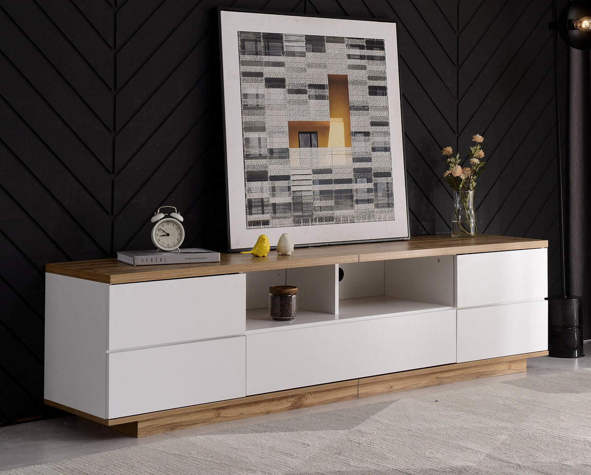 TV-SCHRANK in Weiß und Holzoptik mit 5 Türen und offenen Fächern 180/46/38 cm - Weiß, Holzwerkstoff (180/46/38cm) - Redom
