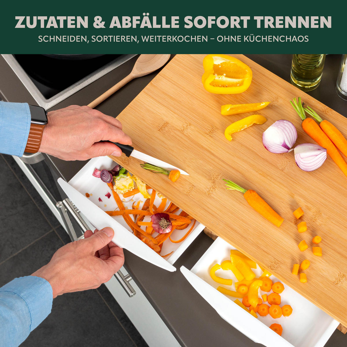 SCHNEIDEBRETT, mit 2 Auffangschalen, Bambus - Braun, Holz (49.5/28.5cm) - bremermann