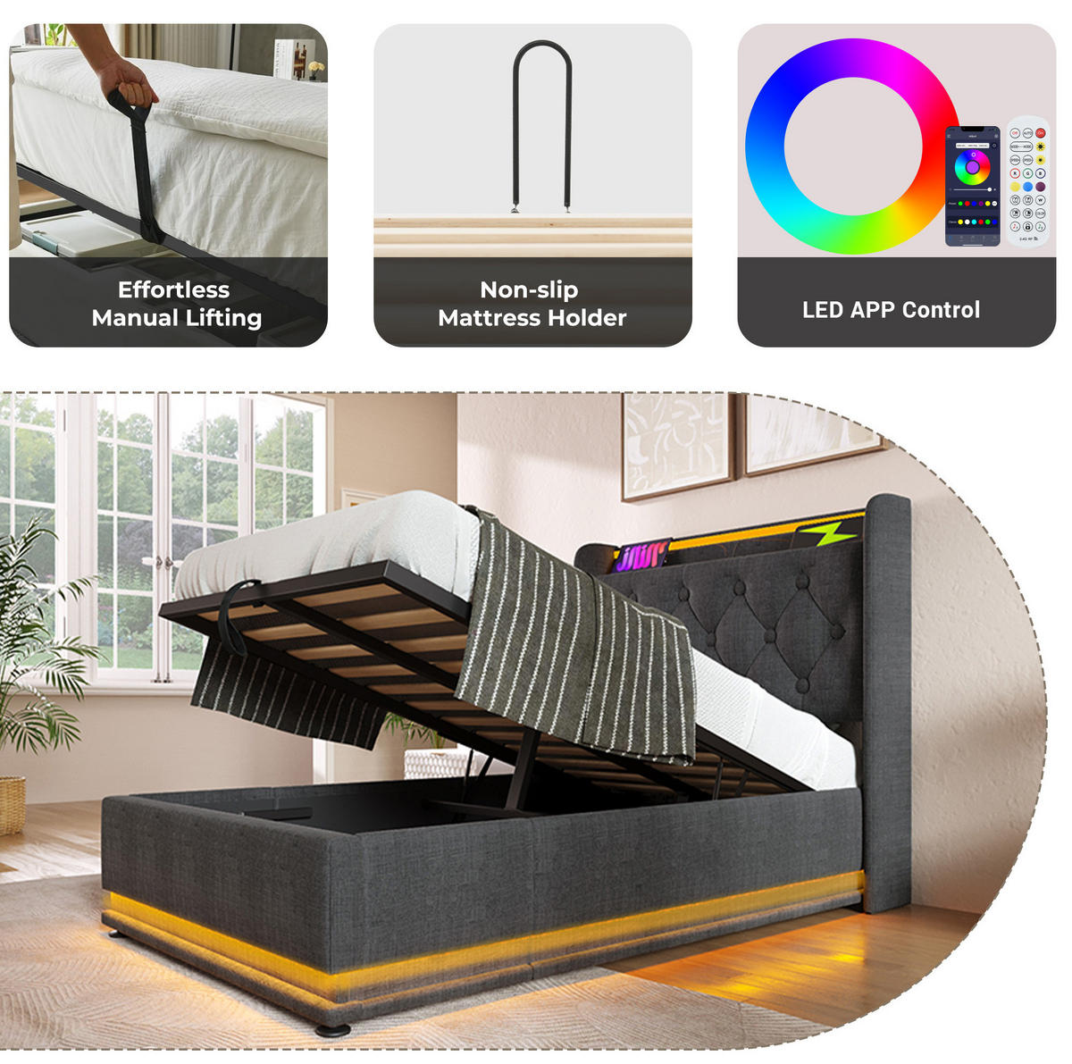 POLSTERBETT 90/200 cm Grau aus Leinen mit LED und Stauraum - Grau, Textil (90/200cm) - OKMYHOME