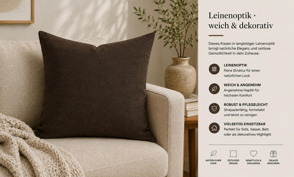KISSENBEZUG Leinenoptik 60/60 cm Dunkelbraun - Dunkelbraun, Textil (60/60cm) - TiborTex