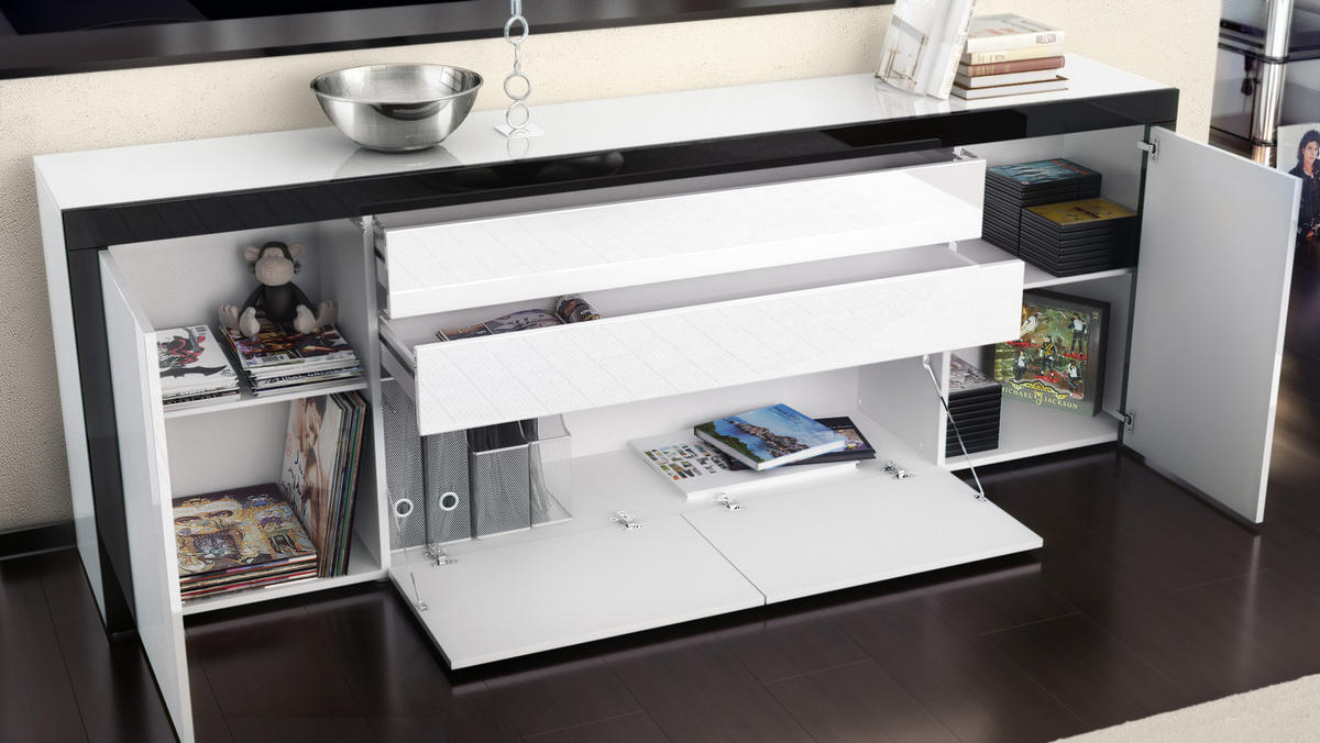 SIDEBOARD La Paz Eiche sägerau / Weiß Hochglanz - Eiche San Remo, Holzwerkstoff (200/72/35cm) - Vladon