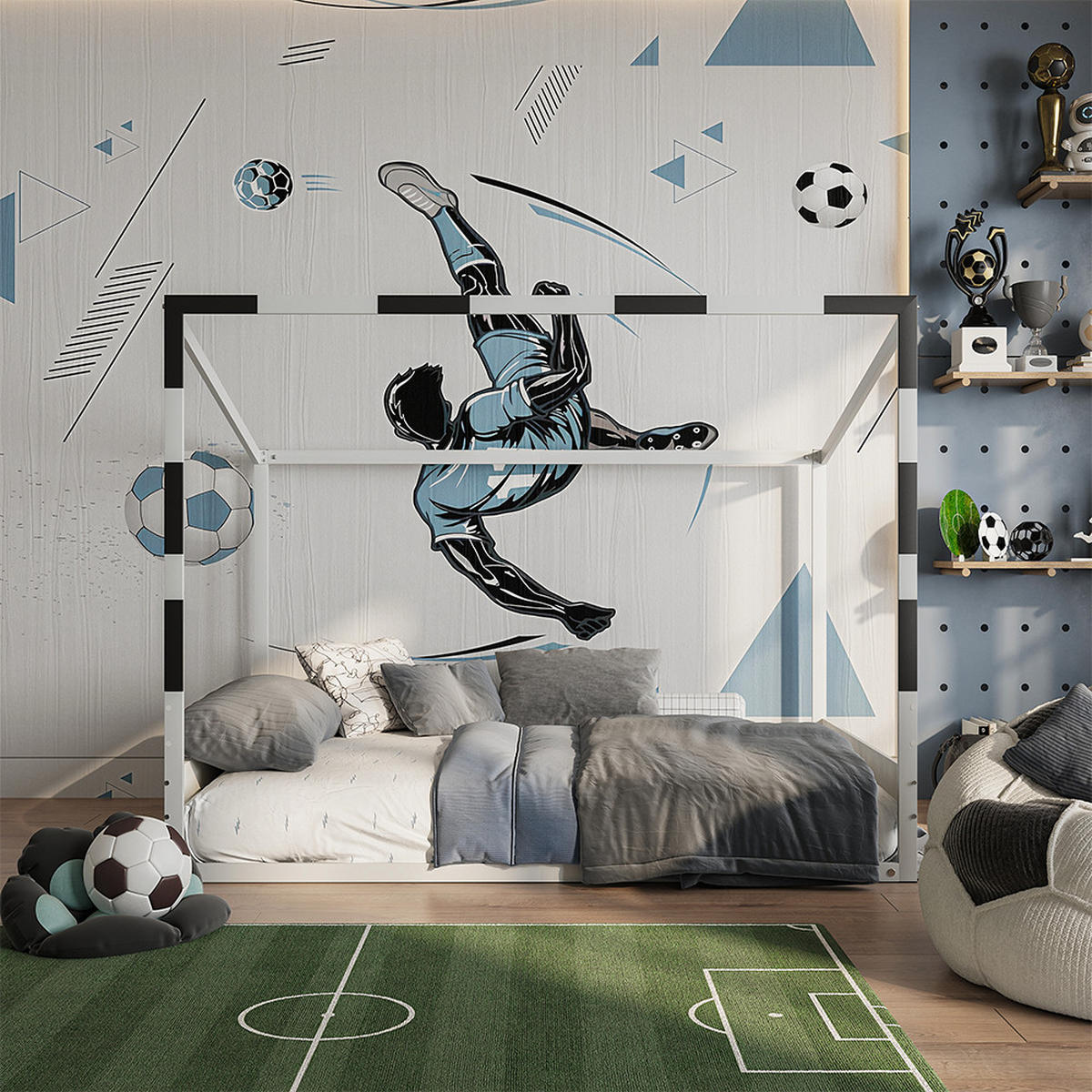 KINDERBETT Goal, Weiß/Schwarz, 140x200 - Schwarz/Weiß, Metall - VitaliSpa