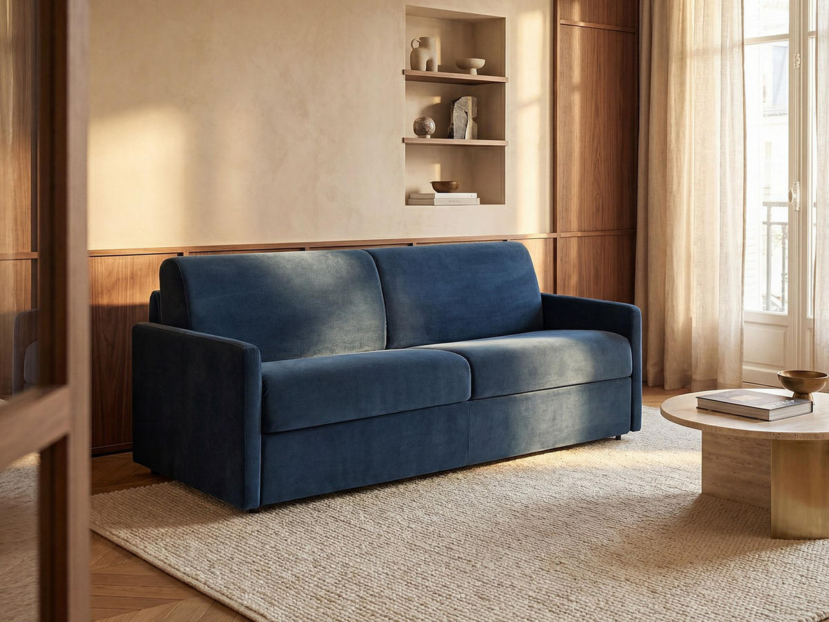 SCHLAFSOFA - 3 Personen - Samt, Stoff - Marineblau - - Dunkelblau, Textil (170/85/223cm) - Vente-Unique