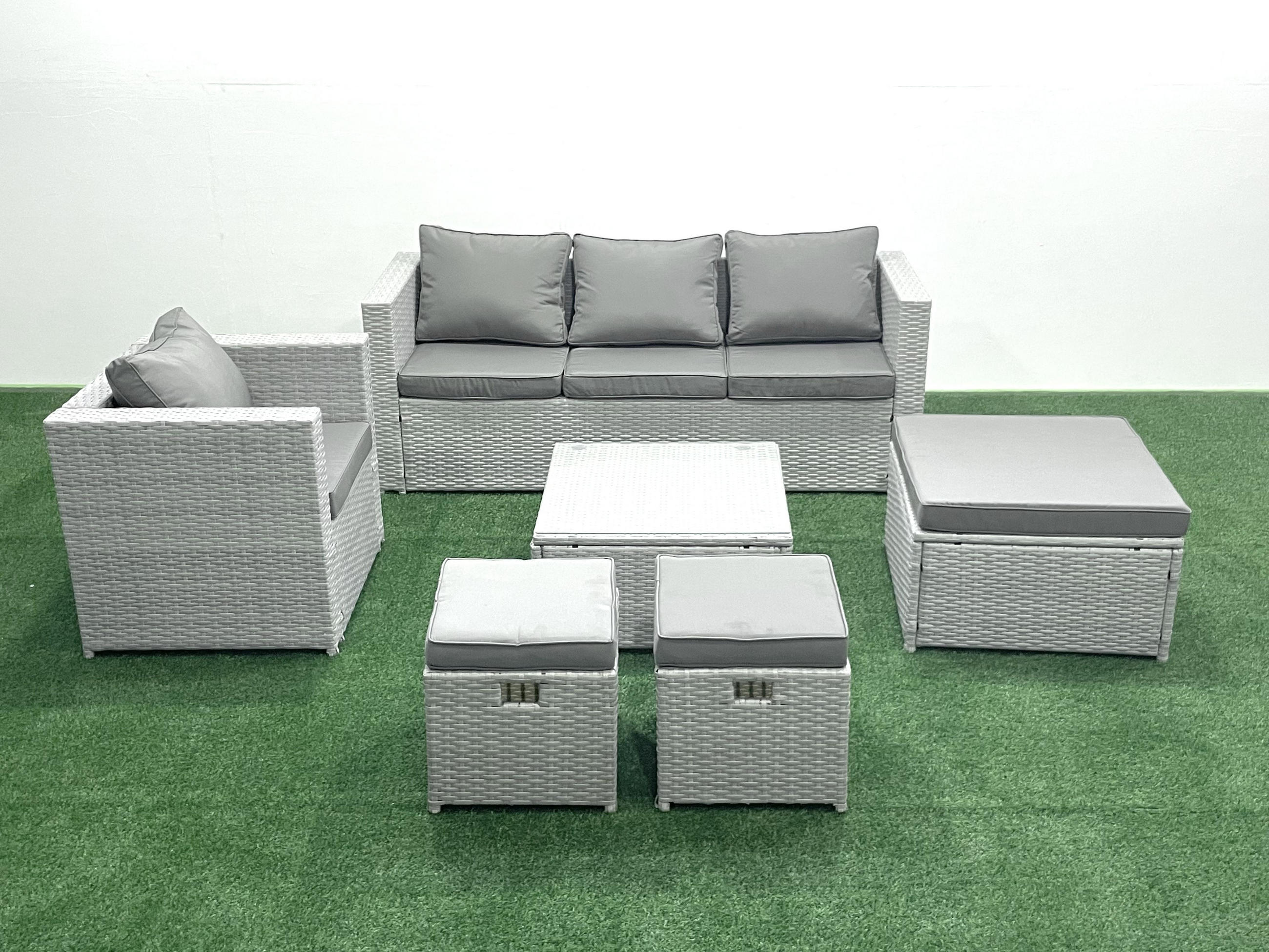 GARTENMÖBEL-SET mit Kissen Polyrattan Hellgrau-Mix 5-Sitzer - Hellgrau/Grau, Glas/Kunststoff - Fimous