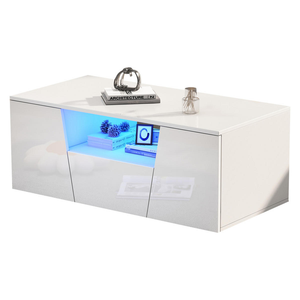 COUCHTISCH 100x50cm Weiß Hochglanz LED Unregelmäßig 2 Schränke Schublade - Weiß, Holz (109.22/59.51/12.98cm) - FLIEKS
