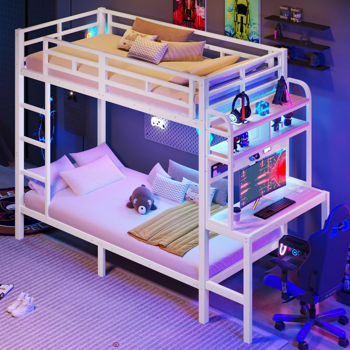 ETAGENBETT 90x200 cm in Weiß mit Schreibtisch, LED-Beleuchtung und USB-Anschluss - Weiß, Metall (90/200cm) - IVMEU