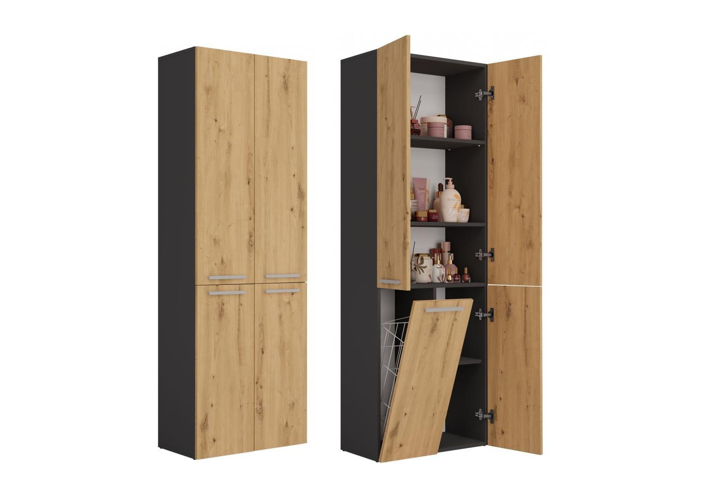 BAD Hochschrank Benni - Anthrazit/Eiche Artisan, Holzwerkstoff (60/174/30cm) - kommodly