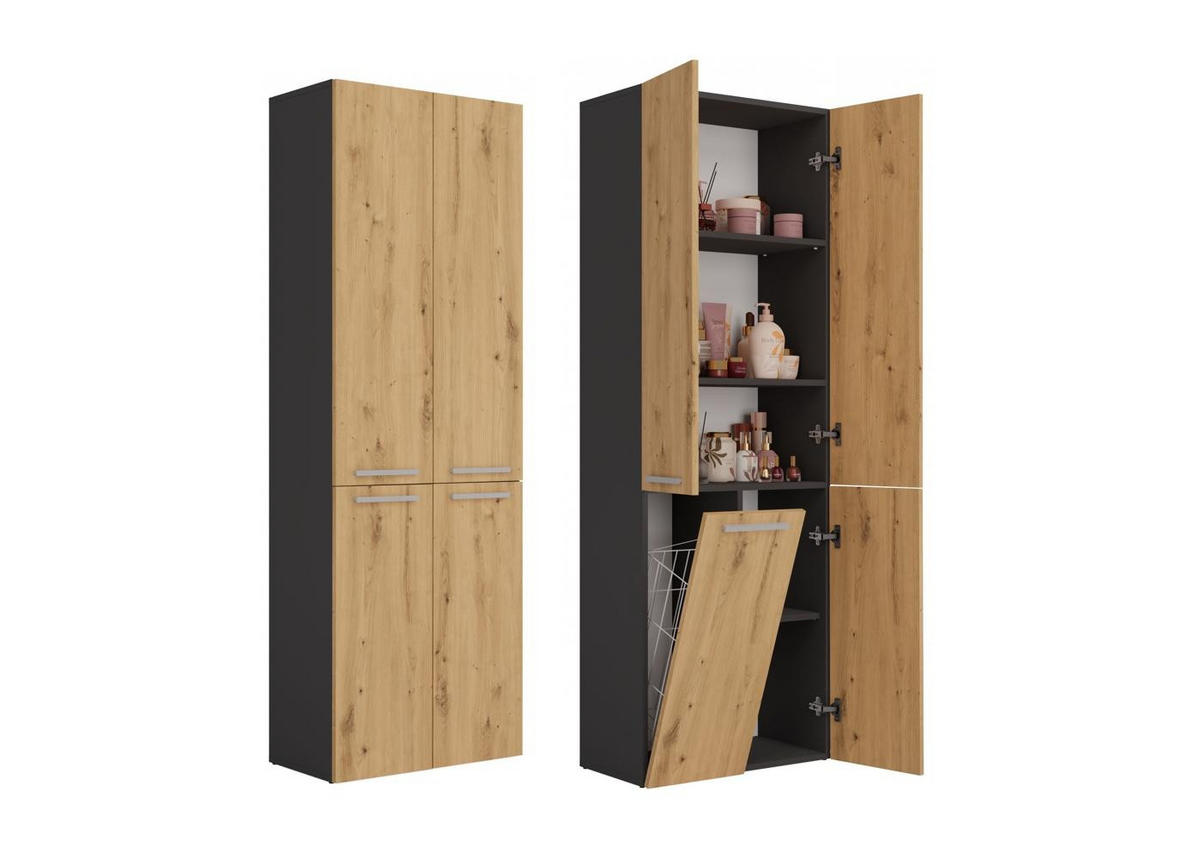 BAD Hochschrank Benni - Anthrazit/Eiche Artisan, Holzwerkstoff (60/174/30cm) - kommodly