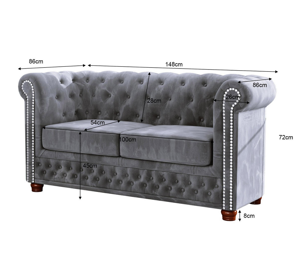 SITZGARNITUR 3+2+1 Chesterfield Lauren Grau Samt - Braun/Grau, Holz/Textil (203/72/86cm) - S-Style Möbel