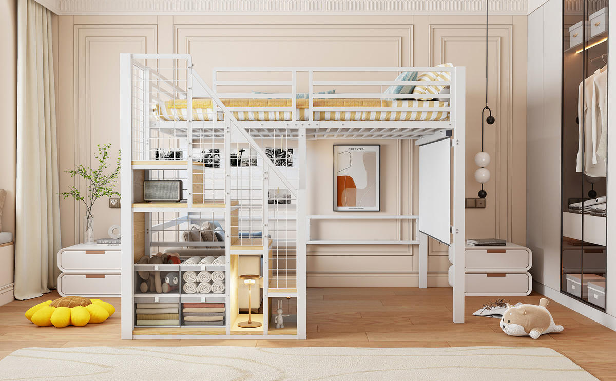 HOCHBETT 140x200 cm Metall Leiter Ablage weiß - Weiß, Metall (140/200cm) - LEBENLANG