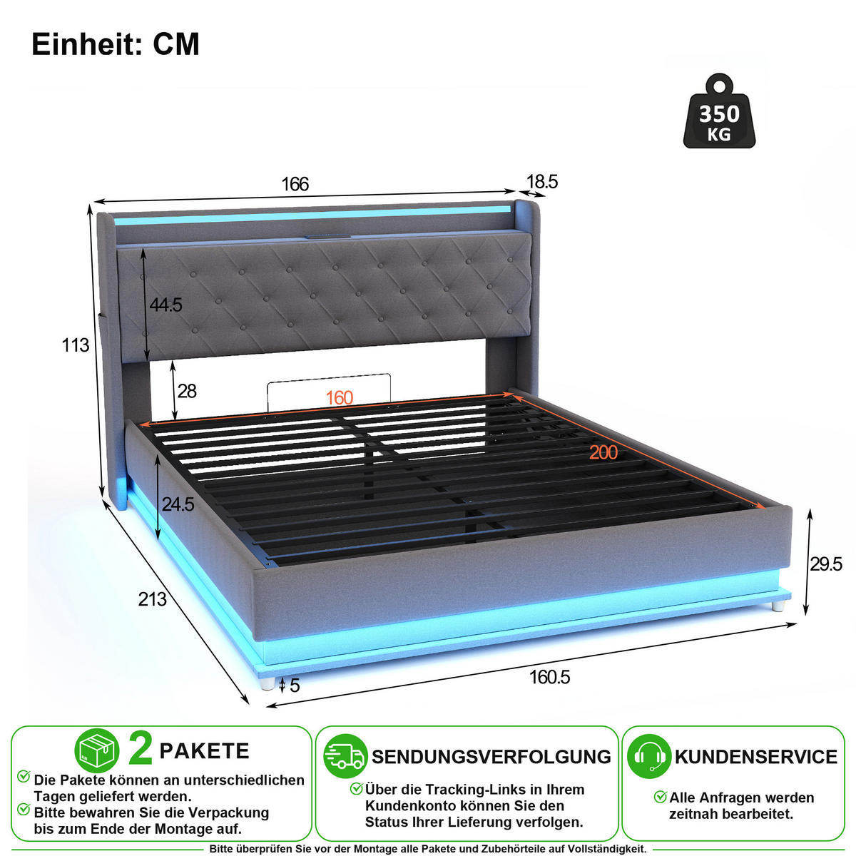 ČALOUNĚNÁ POSTEL 160/200 cm v šedé barvě s LED, USB a úložným prostorem - šedá, kov/kompozitní dřevo (160/200cm) - CHICFURN