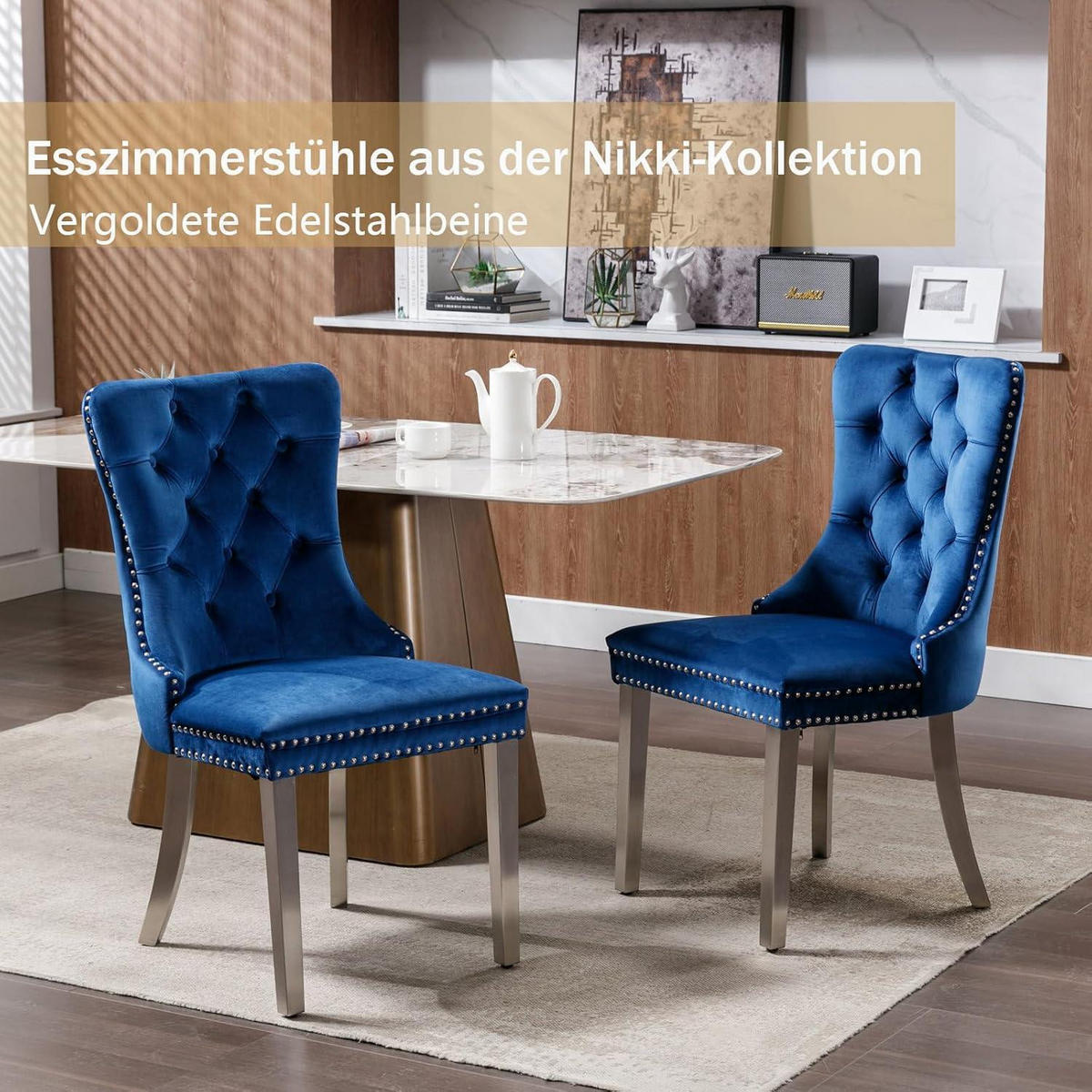 ESSZIMMERSTUHL 8er Set Samt Blau mit Edelstahlbeinen - Blau, Textil (50/95.2/62cm)