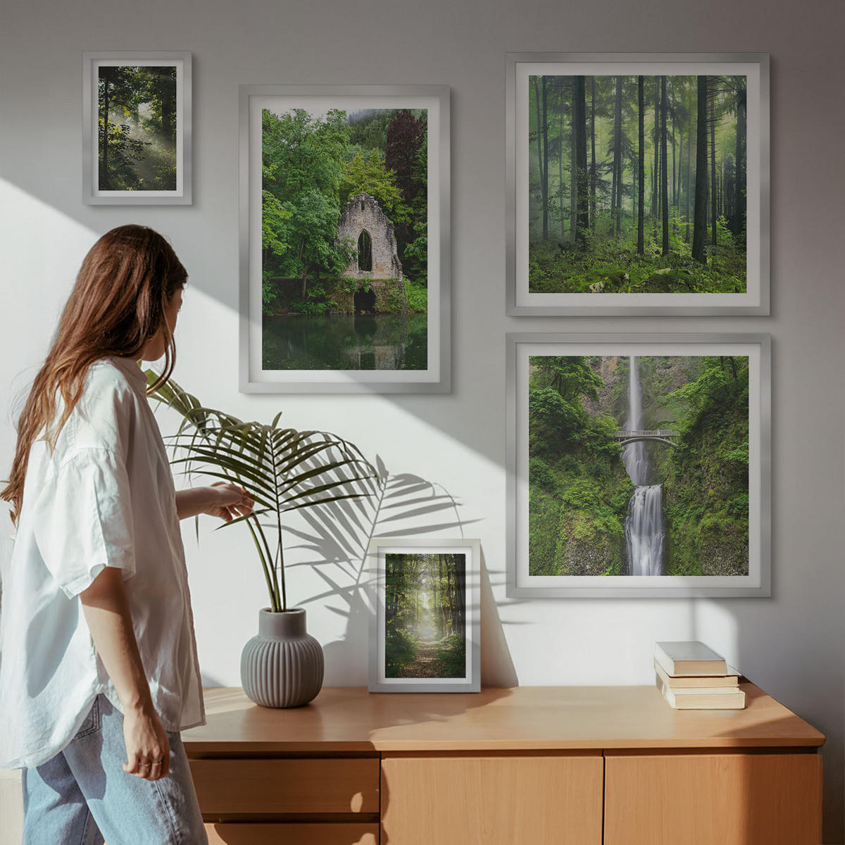 WANDBILDER 5er Set - 50x50 cm & 20x30 cm & 40x60 cm Silberner Rahmen - Grüne Wälder, Lichtstrahlen - Silberfarben, Kunststoff (40/60cm) - ArtPrintCave