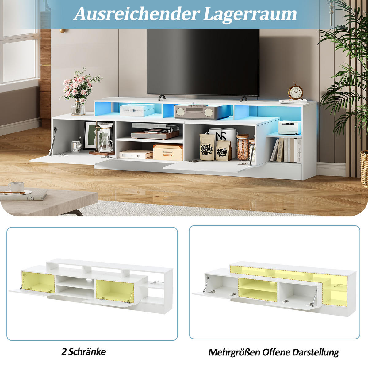 TV-LOWBOARD 190x40x48.5 cm Hochglanz LED Offene Fächer - Weiß, Holzwerkstoff (40/48.5/190cm) - FLIEKS