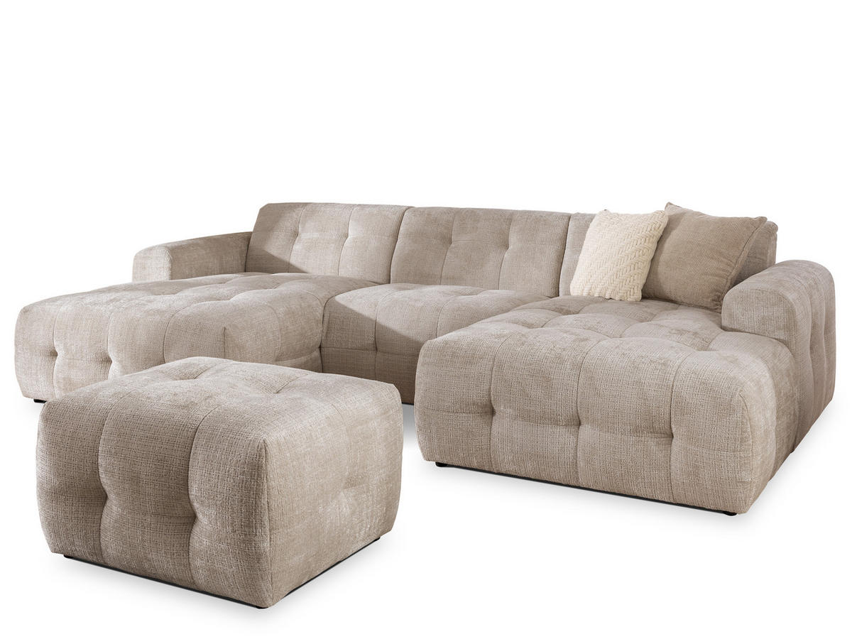 WOHNLANDSCHAFT inkl. Hocker Kozy im Bumpy-Design mit Schlaffunktion und fester Rückenlehne aus weichem Dunkelbeige Chenille-Stoff - Beige/Schwarz, Holz/Kunststoff (323/79/161cm) - S-Style Möbel