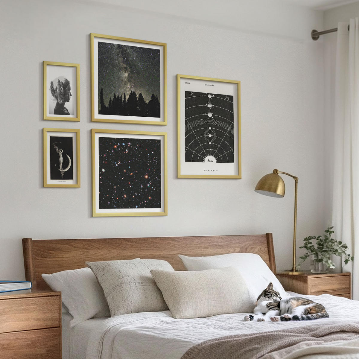 WANDBILDER 5er Set - 50x50 cm & 20x30 cm & 40x60 cm Goldrahmen - Galaxie im Sonnensystem - Goldfarben, Kunststoff (40/60cm) - ArtPrintCave