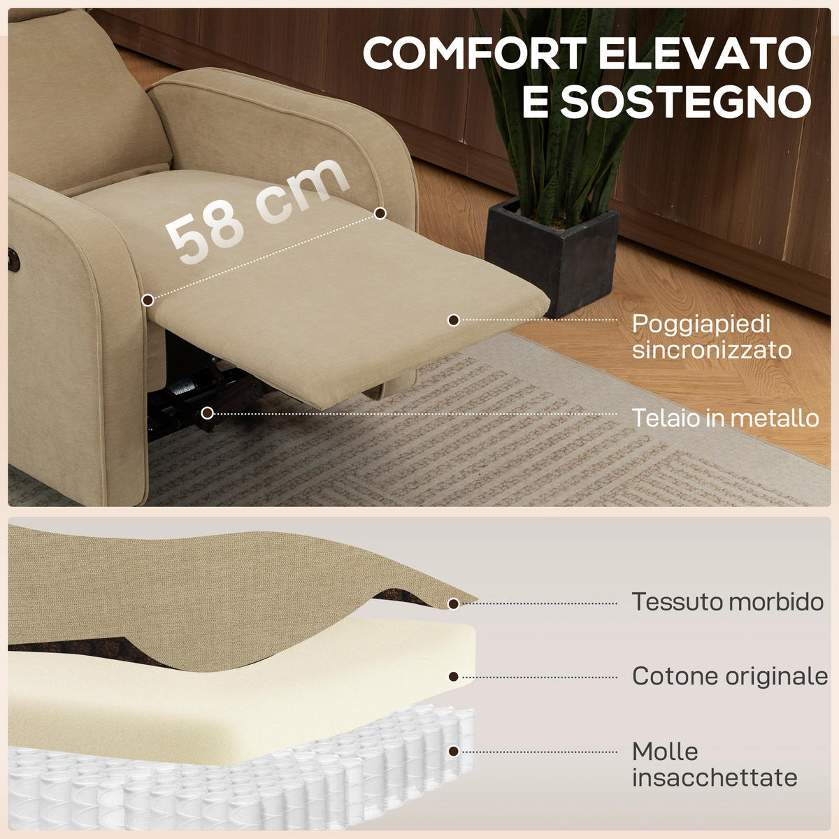 RELAXSESSEL,ELEKTRISCH Chenille Fußstütze verstellbare Kopfstütze Steckdosen,beige - Beige, Textil (80/103/93cm) - Vallsero