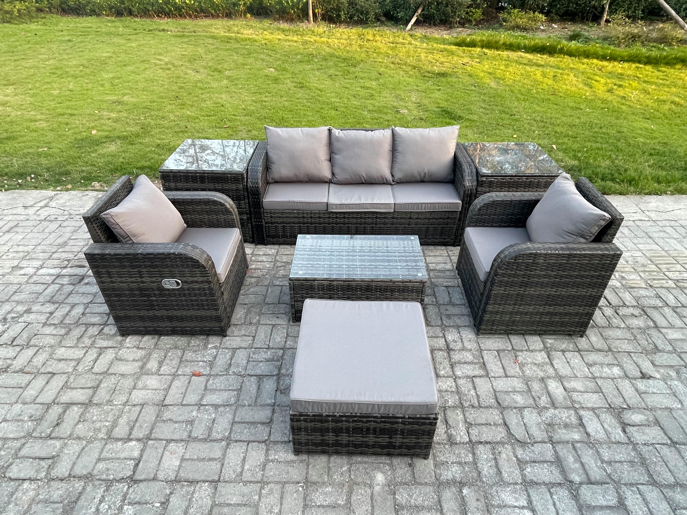 GARTENMÖBELSET mit Couchtisch Polyrattan 6-Sitzer - Dunkelgrau/Grau, Glas/Kunststoff - Fimous