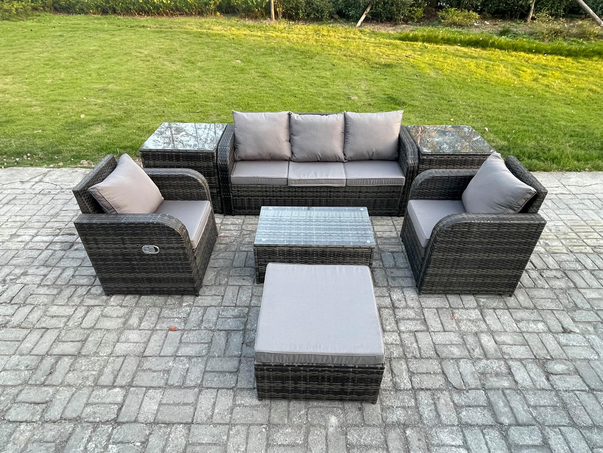 GARTENMÖBELSET mit Couchtisch Polyrattan 6-Sitzer - Dunkelgrau/Grau, Glas/Kunststoff - Fimous