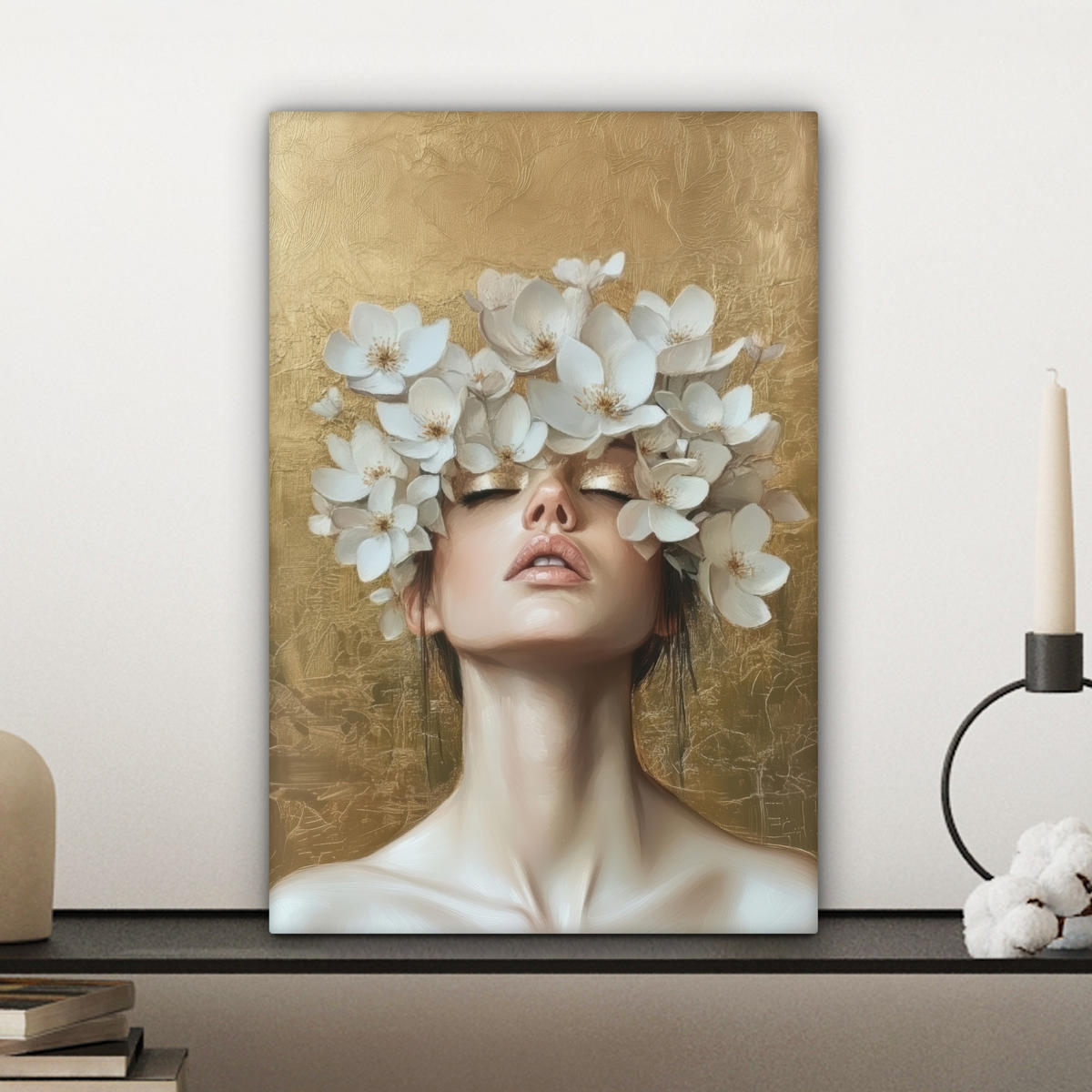 LEINWANDBILD Gesicht - Blumen - Gold - Abstrakt Deko Wohnzimmer 20x30 cm - Goldfarben, Textil (20/30cm) - MuchoWow