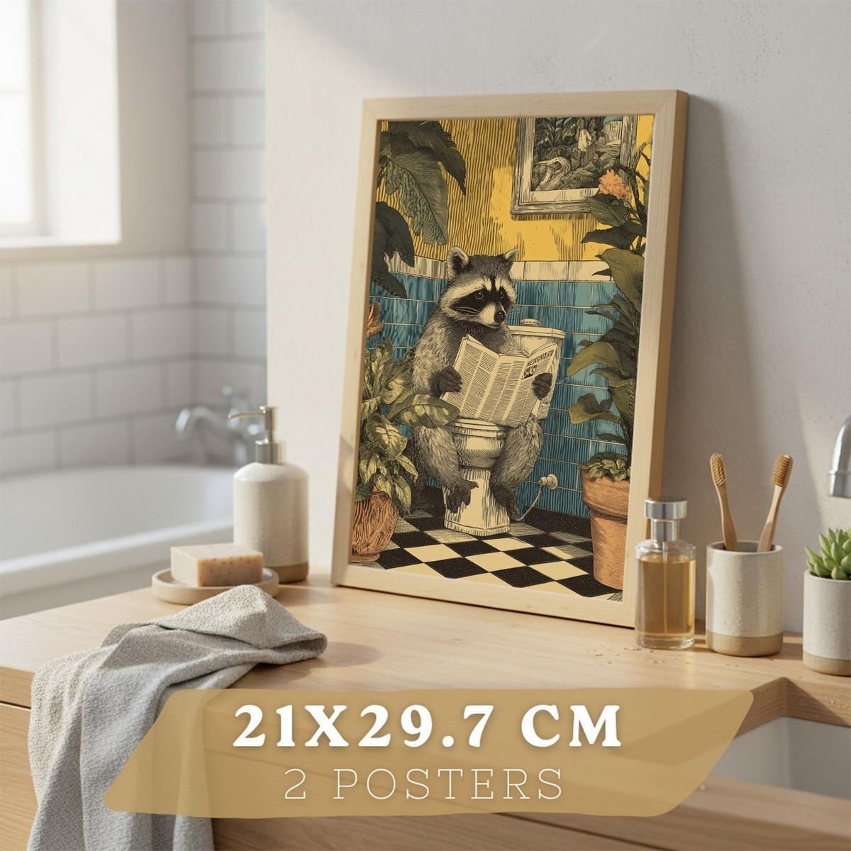 PLAKÁT Sada 2 vtipných koupelnových tisků vintage stylu Světlý dřevěný rám A4 - béžová, papír (29.7/21/3cm) - Nacnic