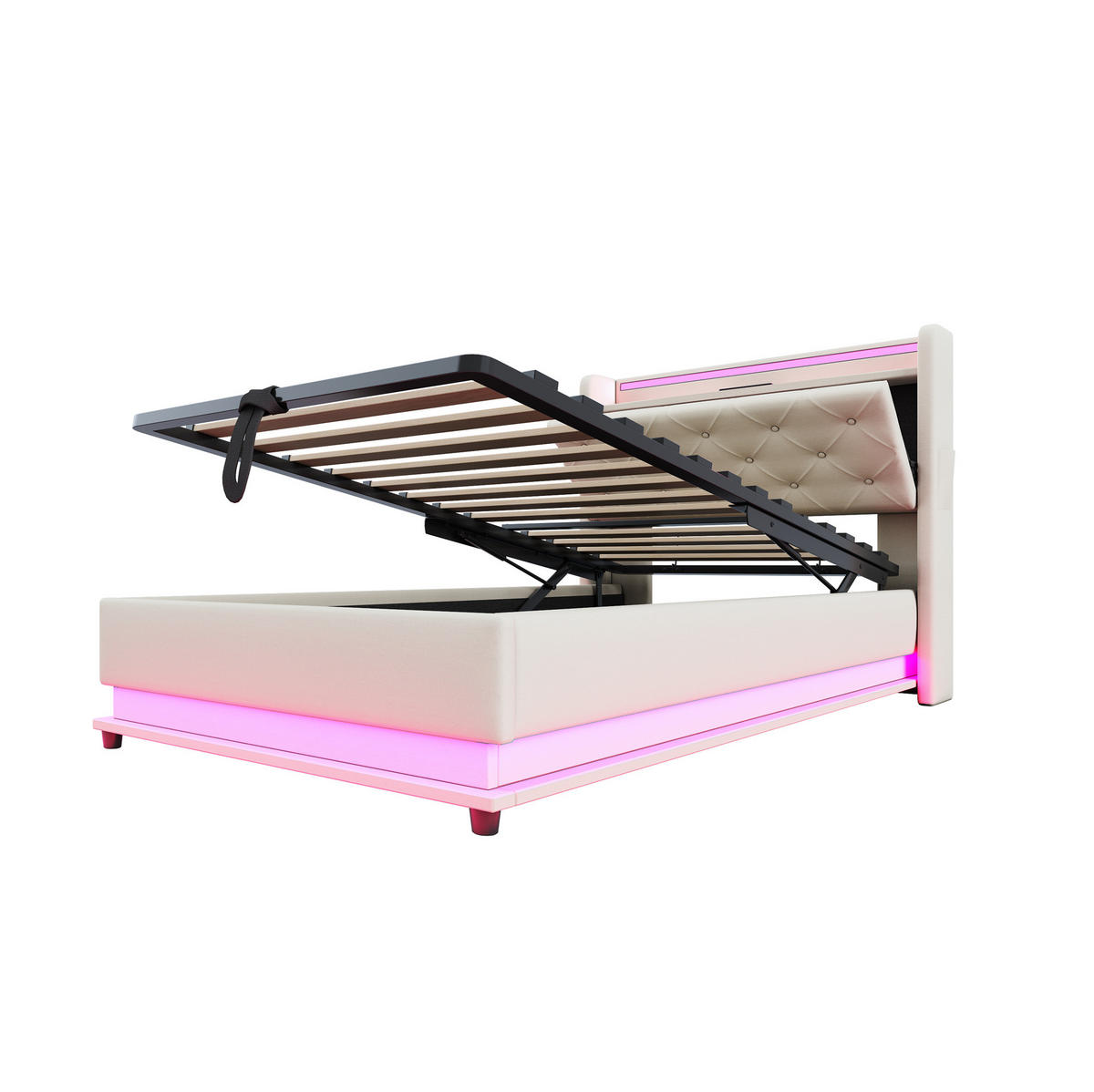 POLSTERBETT mit Stauraum, LED und USB 90x200 cm Beige - Beige, Metall (90/200cm) - Beauniv